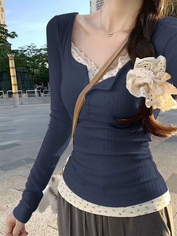 纯欲BM风蕾丝假两件长袖t恤女春秋法式感修身内搭甜辣妹上衣严选|undefined