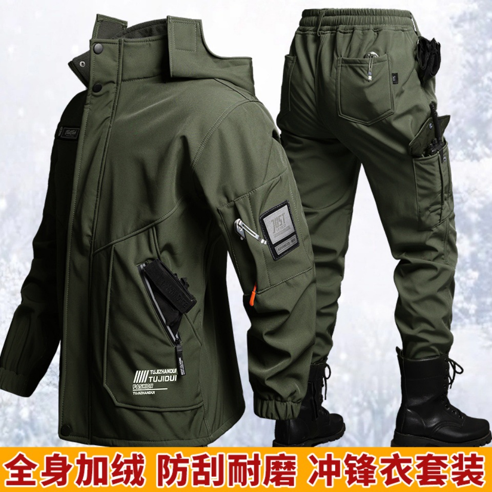 男士秋冬季防水加绒保暖冲锋衣软壳战术工装骑行外卖劳包工作套装