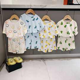 夏季新款2024男童女童睡衣套装满印可爱印花家居服两件套空调服潮