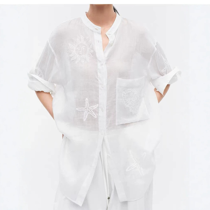 Original Foreign Trade Women's E@ Y@2026 Summer Embroidered Sun Island Series Embroidered Lightweight Ramie Shirt
