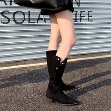 牛皮葡萄ma同款西部牛仔靴女小众设计尖头褶皱堆堆靴子复古骑士靴