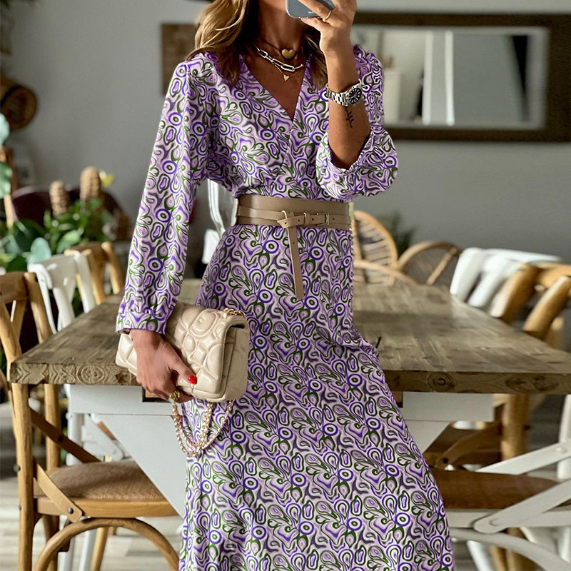 V-neck long-sleeved bohemian style print dress NSONF136975