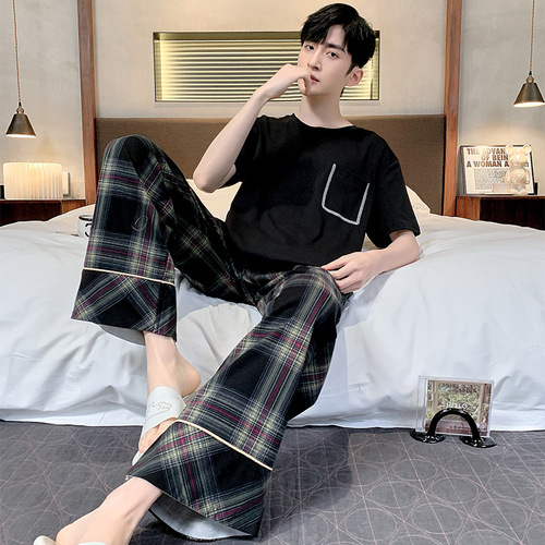 Men's Summer Short Sleeve Long Pants Simple Home Clothes Thin Cotton Men's Plus Size Youth Student Casual Pajamas