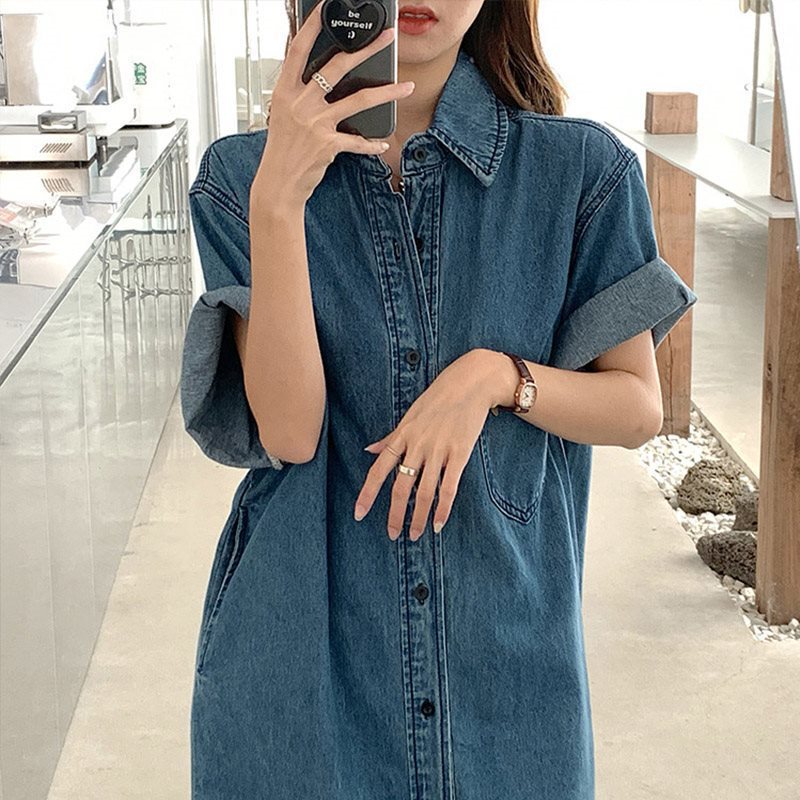 Korean Style Short-sleeved Loose plus size Denim Shirt Dress Women's Mid-length Slim-fit dress Spring/Summer Long Dress for Tall