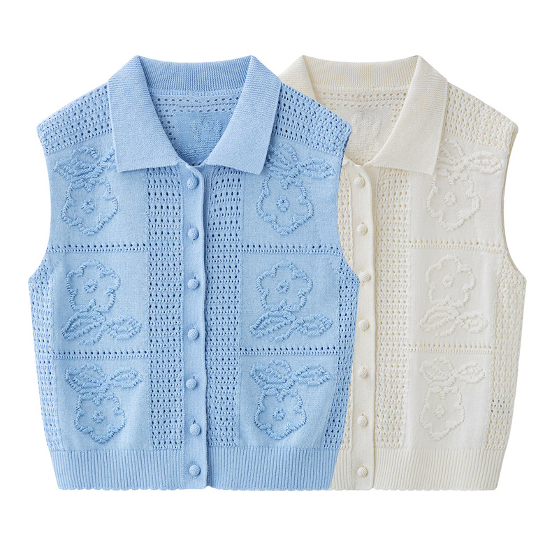In Stock 2026 Summer Women's New Floral Hollow-Out Lapel Sleeveless Knitted Cardigan Vest 2K2Ye03