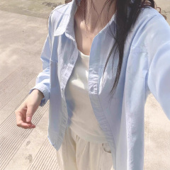 纯棉蓝色衬衫女春秋2025新款翻领内搭长袖衬衣外穿小个子韩系上衣