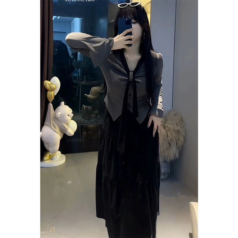 大码秋季新款微胖mm显瘦套装女甜美长袖上衣衬衫收腰半身裙两件套|undefined