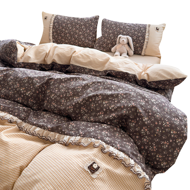 Set di biancheria da letto in puro stile principessa francese, composto da quattro pezzi con piccolo motivo floreale, copripiumino in cotone, lenzuolo, gonna da letto,_voghion.com