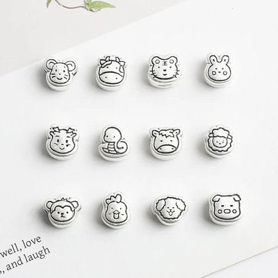 3D Hard Silver Twelve Zodiac Sign Spacer Beads Pure Silver 999 Loose Beads Accessories DIY Beading Stringing Bracelet Necklace Materials