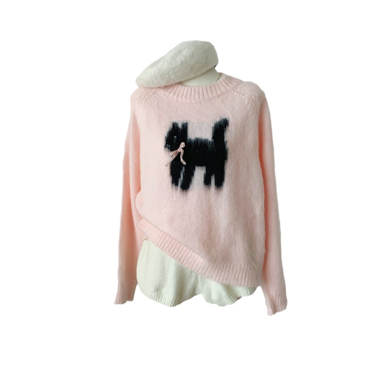 Design knitted autumn cartoon sweater with bow with a round collar