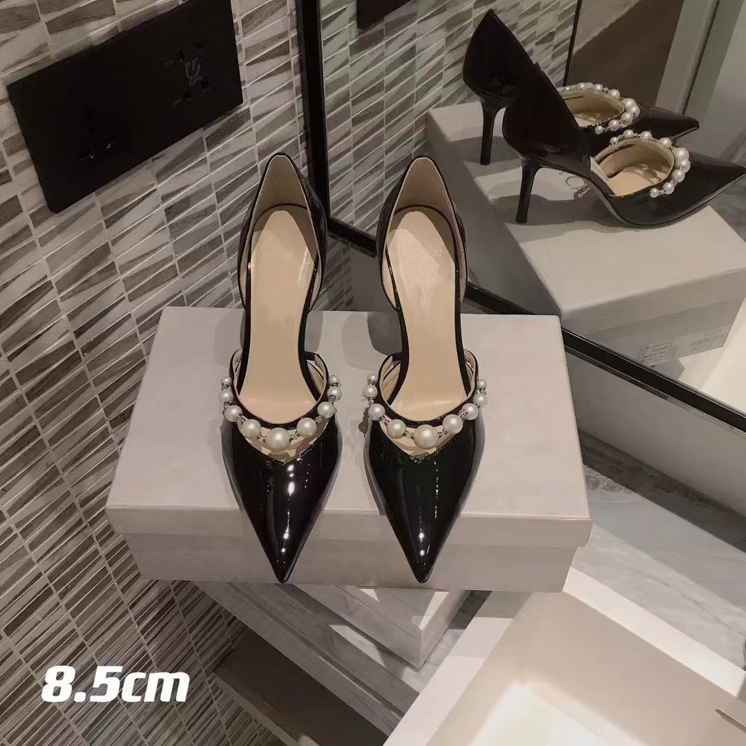 Version JC Chaussures pointues en cuir verni à talons hauts, talon fin, bride en perles, bouche peu profonde, chaussures simples creuses, sandales à bout fermé_voghion.com