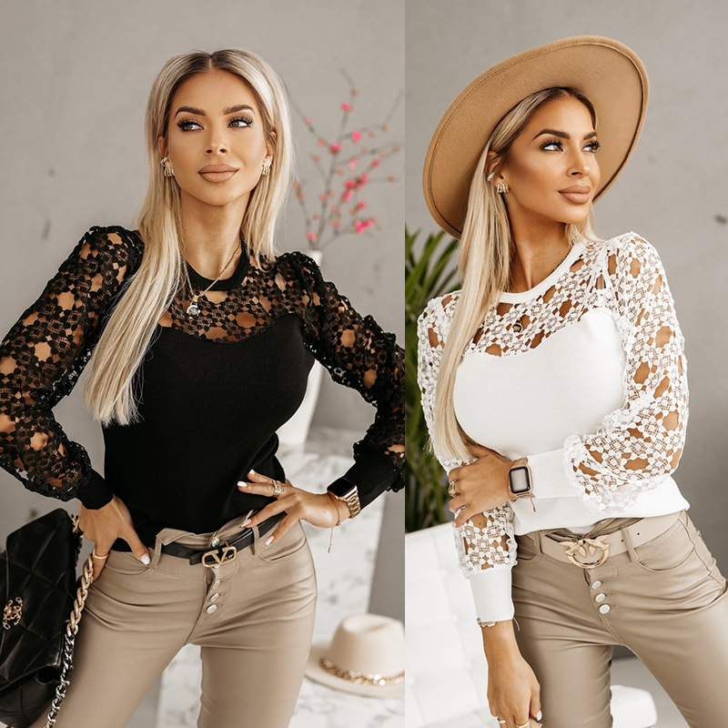 European and American style AliExpress Amazon popular women's clothing 20223 spring long-sleeved T-shirt hollow lace stitching top