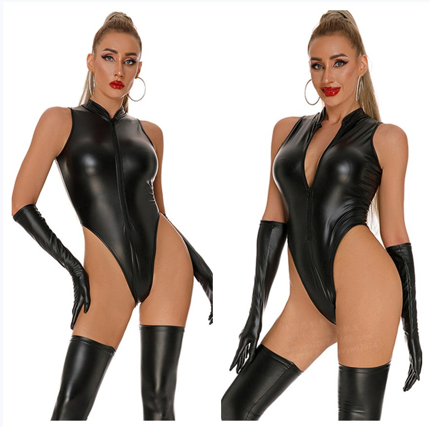 Secret Love Code 2025 European and American Racing Leather Underwear Patent Leather Pu Motorcycle Cat Girl Jumpsuit
