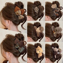 美拉德咖色毛绒抓夹女秋冬后脑勺半扎发盘发鲨鱼夹高级感发夹头饰