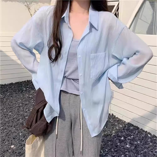 French-style sheer sunscreen blouse for women, summer thin blouse with a sense of elegance, wrinkle-resistant long-sleeved sun protection top jacket