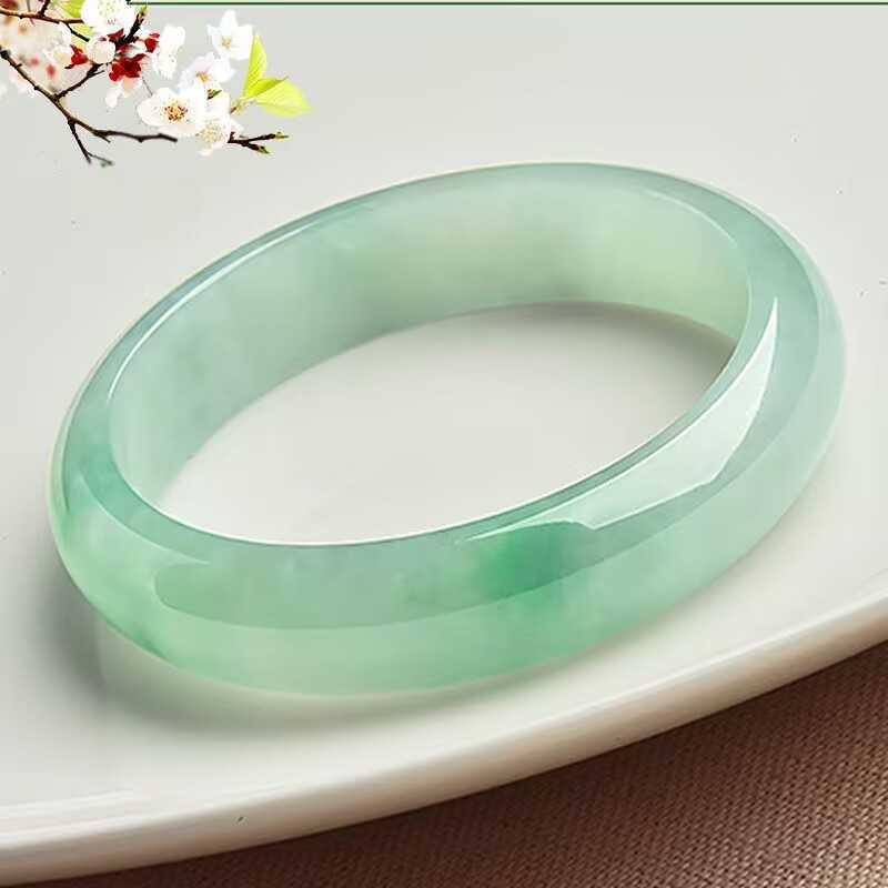 Vòng tay ngọc bích Miến Điện nổi hoa băng tự nhiên, đường kính trong 54–62 mm, có giấy chứng nhận — Hoa xanh nổi