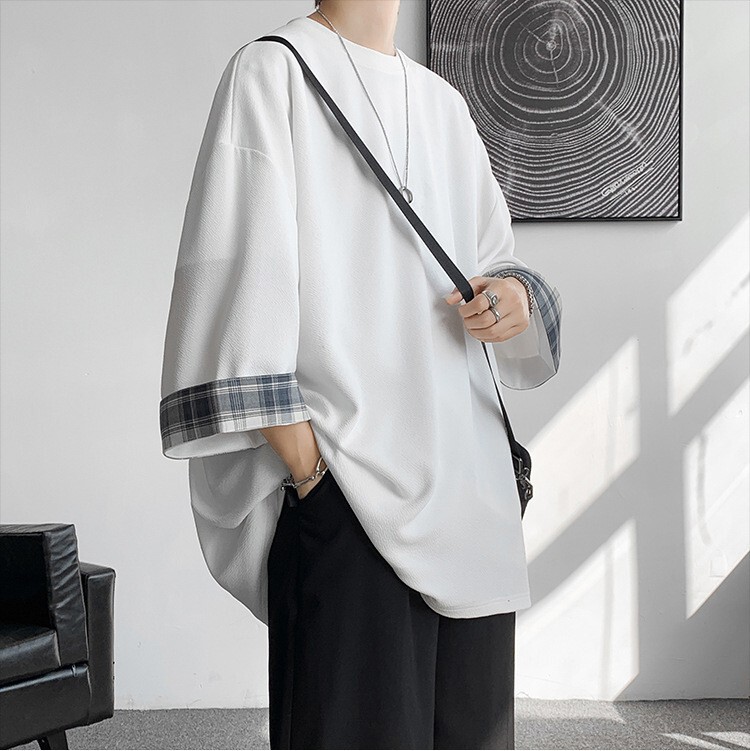 Summer Hong Kong Style Japanese plus size Men's Fat Loose Color-matching Cuff Mid-sleeve Seven-sleeve T-shirt Top for Men