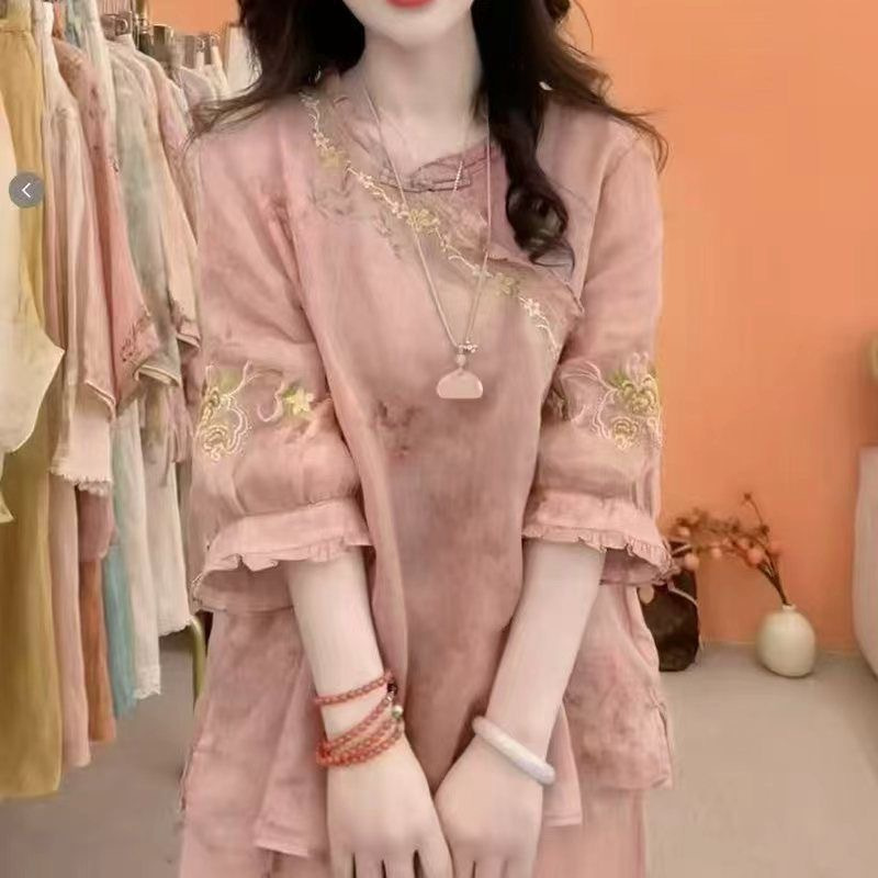 Dropshipping Summer New Vintage Stand-Collar Asymmetrical Shirt, Half-Sleeve T-Shirt, Artistic Printed Lace Top for Women Dropshipping Summer New Vintage Stand-Collar Asymmetrical Shirt, Half-Sleeve T-Shirt, Artistic Printed Lace Top for Women