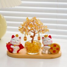 黄水晶发财树招财猫入户玄关摆件家居装饰办公室招财乔迁生日礼物