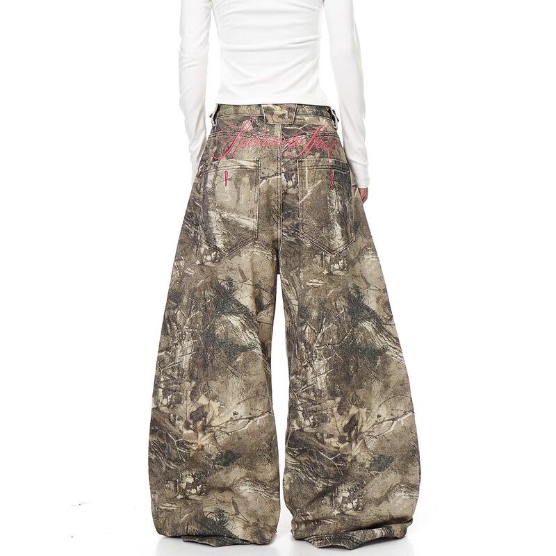 American Street Letter Embroidery Branch Camouflage Jeans for Men and Women Niche Design Wide Leg Pants