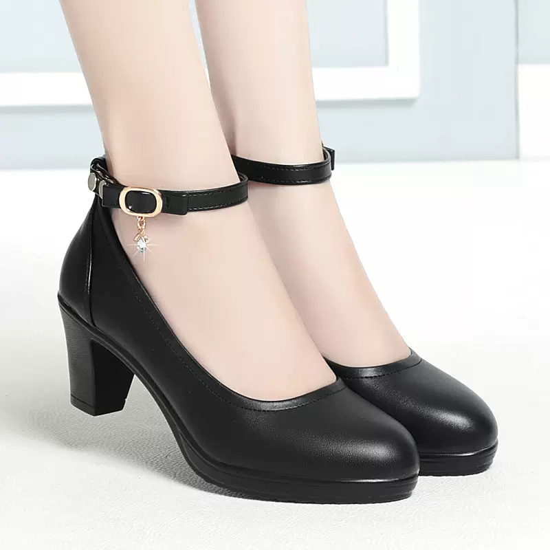 防水台高跟粗跟圆头工作女单鞋软皮模特一字带旗袍中跟走秀鞋