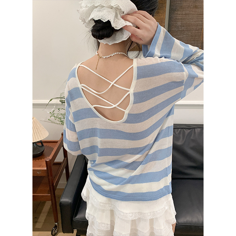 Yi er Shirt Casual Stripe Lazy Style Lace-up Loose Dose Knitted Shirt Women's Sunscreen Shirt Air-conditioning Shirt 0365