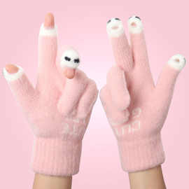 手套女冬季新款可爱卡通保暖学生玩手机写字露指触屏骑车针织毛绒