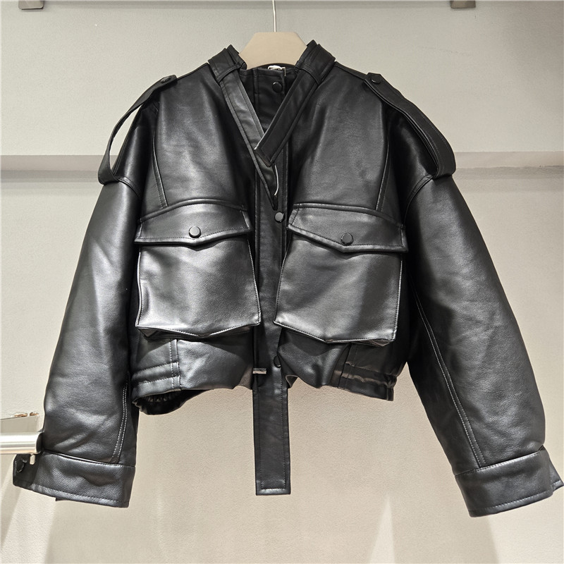Vintage estilo americano de alta sensación abrigo de cuero otoño invierno suave pegajoso corto pu abrigo de motocicleta chaqueta de algodón top image 1