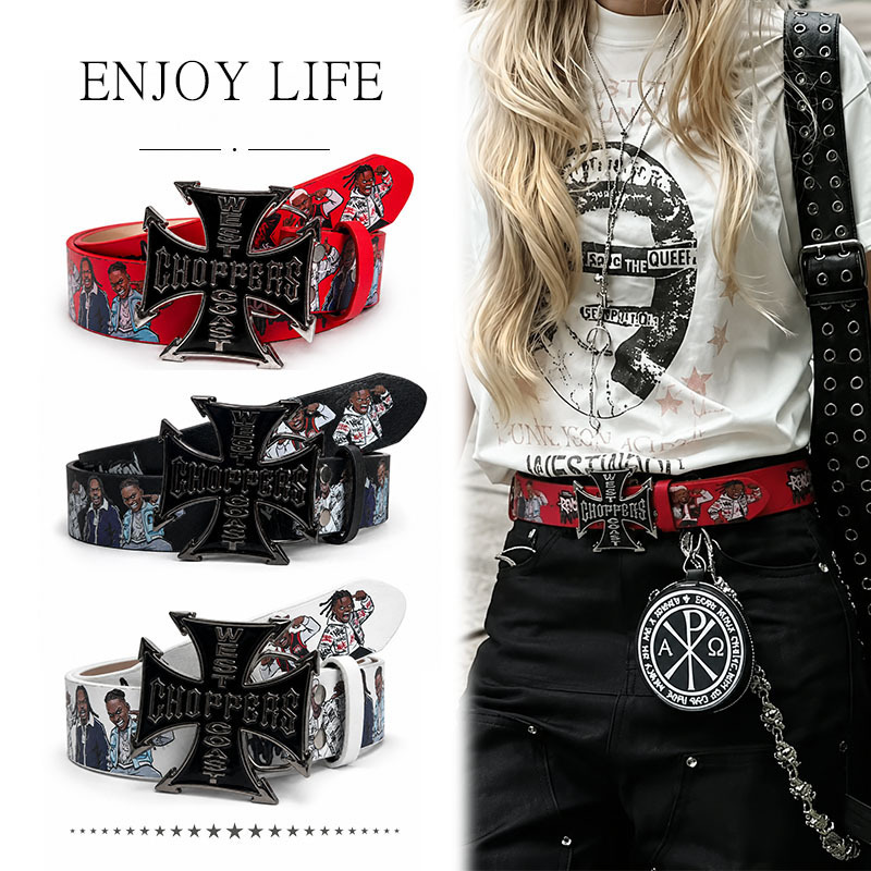 American West Coast Cross Belt Hip-Hop Cartoon Trendy Men's Printed Belt Y2K Unisex Street Decorative Belt