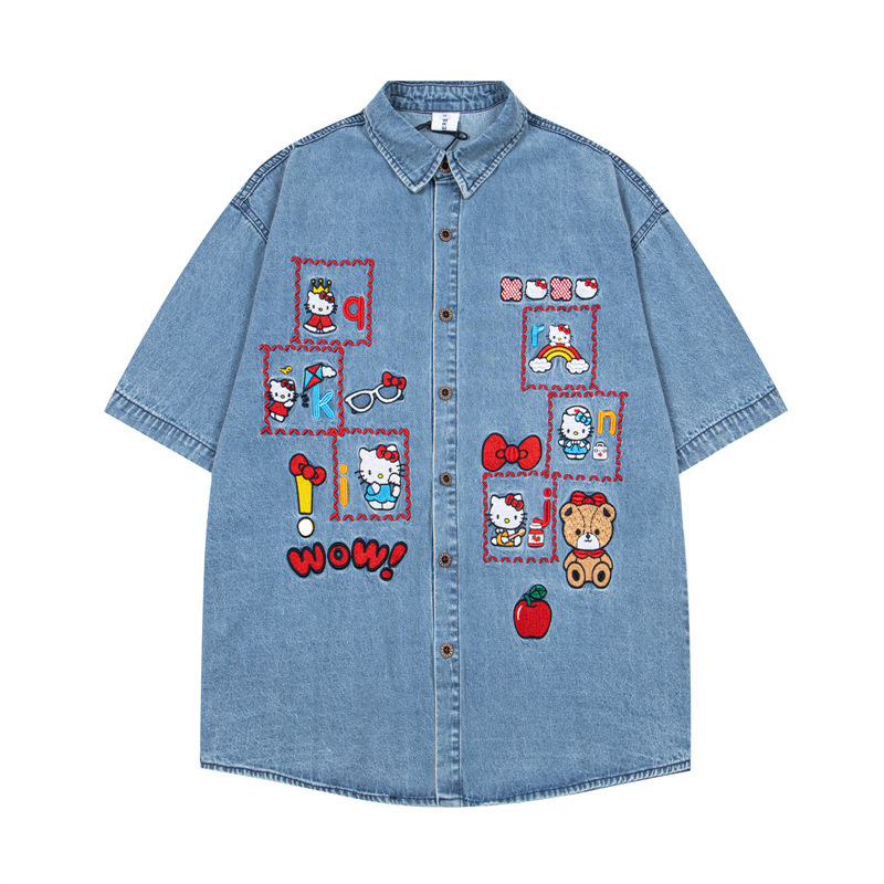 American Retro Hello Kitty Embroidered Short-Sleeved Denim Shirt Men's Trendyy Summer Loose Casual Bf Couple Shirt