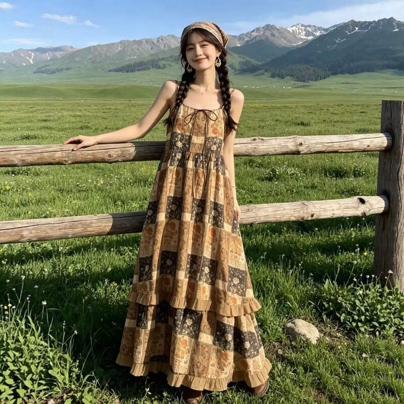 Xinjiang Grassland Style Suspender Dress for Women, Summer Ethnic Style Long Dress, Artistic Retro Floral Dress Outfit Xinjiang Grassland Style Suspender Dress for Women, Summer Ethnic Style Long Dress, Artistic Retro Floral Dress Outfit