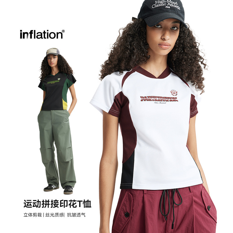 Jie Zhan Men's Clothing | Sports Patchwork Printed T-Shirt 2026 Spring and Summer American Retro Sports Cut Color-Blocked Short-Sleeved Men's