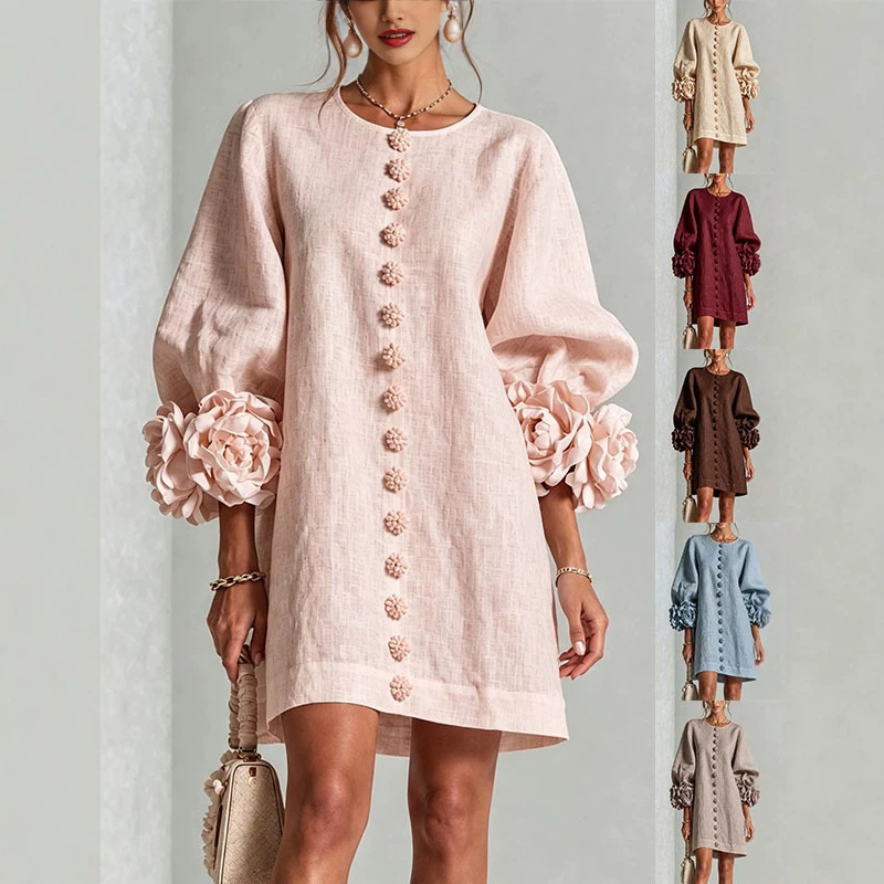 European and American style, French-inspired, three-dimensional floral lantern-sleeve cotton and linen dress, round neckline, single-breasted, loose fit, flattering, and perfect for a vacation European and American style, French-inspired, three-dimensional floral lantern-sleeve cotton and linen dress, round neckline, single-breasted, loose fit, flattering, and perfect for a vacation