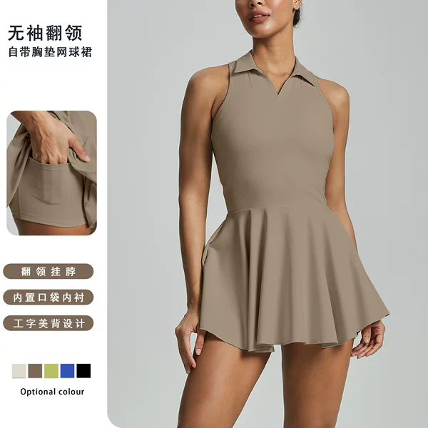 Anti-exposure sports dress with built-in bra, breathable, outdoor golf, collared yoga tennis dress
