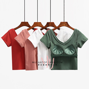 Pure Cotton Short-sleeved Vest Women's V-neck bra with Chest Pad One-piece bra Summer Outer Wear White Base Shirt Backless Top