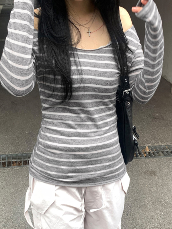 ヨーロッパとアメリカのシンプルなストライプのコントラストカラーの女性用長袖Tシャツ、クロスボーダーワンショルダーベーシック多用途スリムフィットボトムストップ|undefined