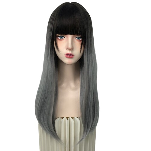 Cheng Ming wig female black brown gradient gray long straight hair round face natural fluffy sweet internet celebrity summer full headgear style