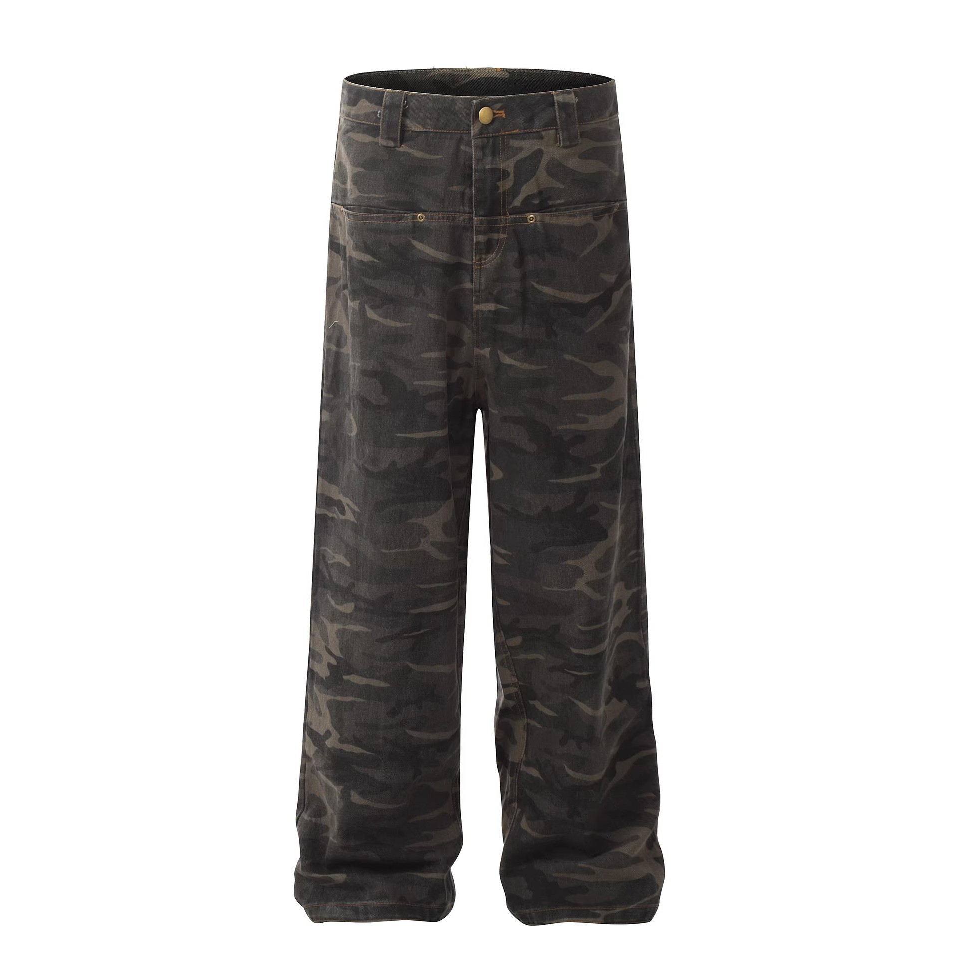 Men's Clothing Unisex Camouflage Print Jeans Loose Straight Leg Wide Leg Washed Distressed Vintage American High Street Style Trendy Clothing_mkmklike.com