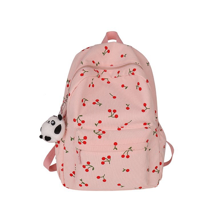 1197g Weight Polyester Lining Material Zipper Closure Type Double Shoulder Straps Strap Type Casual, School, Daily Occasion Corduroy Material Back To School Festival School Backpack Backpack Cherry Pattern All Seasons Season Women's Gender Cute Style Shell Shape Cherry Casual School Daily School Backpack 51