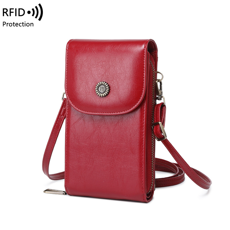 국경 간 RFID 휴대 전화 가방 여성용 오일 스킨 수직 휴대 전화 가방 미니 싱글 숄더 스몰 백 유럽과 미국 패션 메신저 백