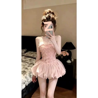 法式千金甜美抹胸连衣裙夏季新款漂亮精致小裙子收腰花苞蓬蓬短裙