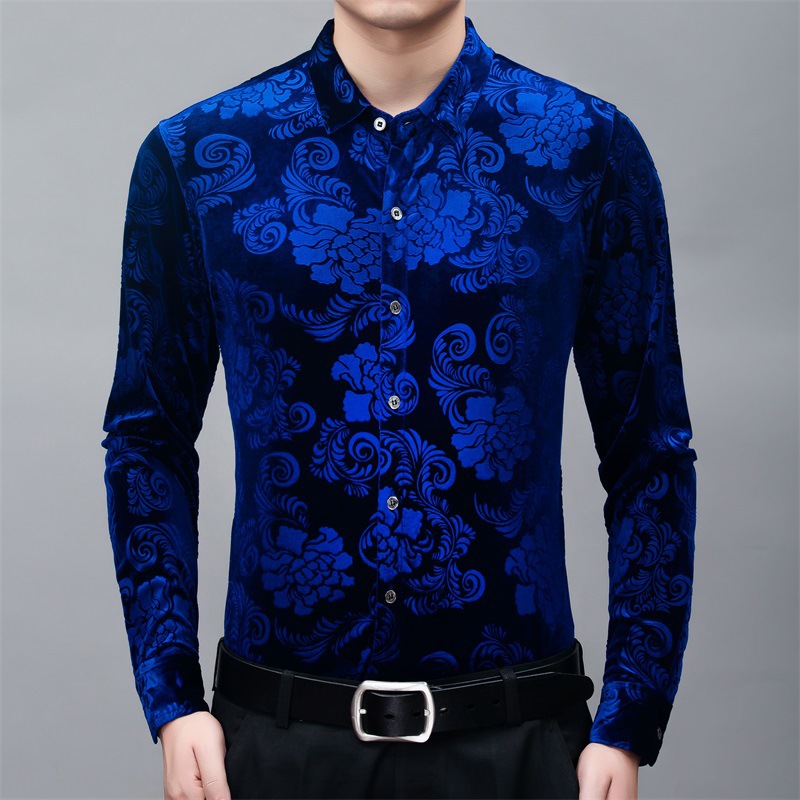 A principios del otoño camisa de terciopelo dorado retro delgada para hombres papá de mediana edad casual de los hombres usa camisa de manga larga sin planchar