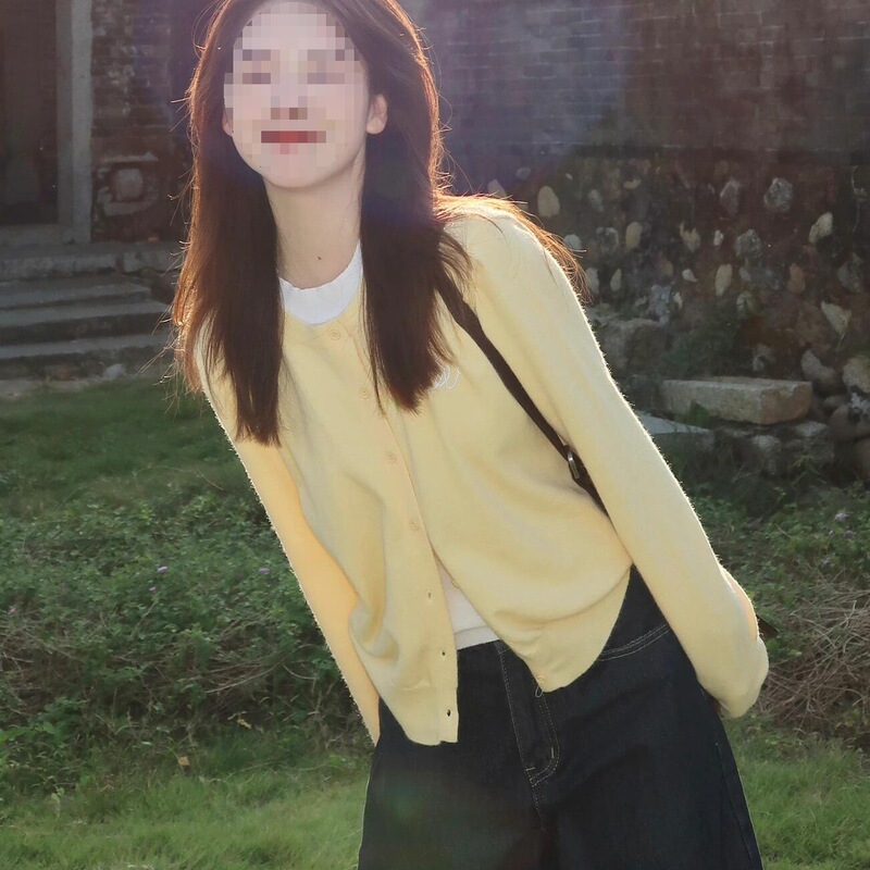 跨境拼色假两件针织开衫女慵懒风长袖毛衣春季显瘦小众外套黄色冰|undefined