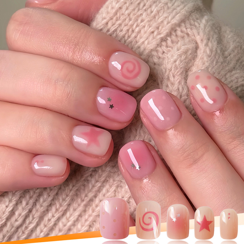 Cross-Border Hot-Selling Pink Gradient Swirl Star Dot Square 24-Piece Simple Nail Polish Finished Nail Polish Fashion Trend Wholesale