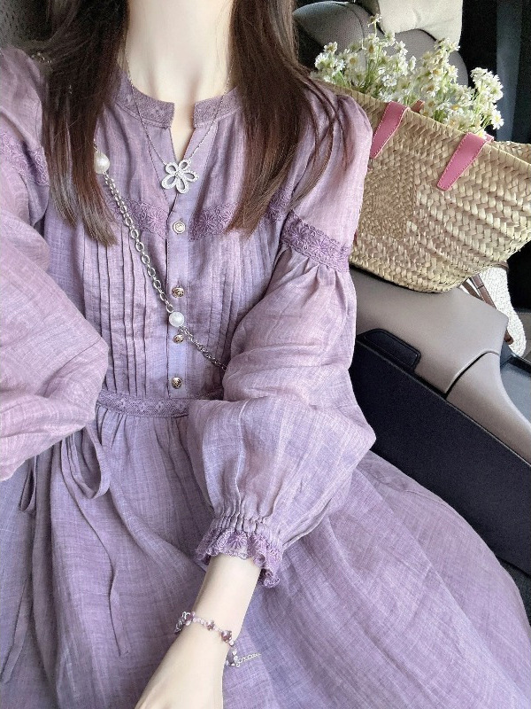 紫色连衣裙女秋2025新款法式复古重工圆领长袖超好看衬衫气质长裙|undefined