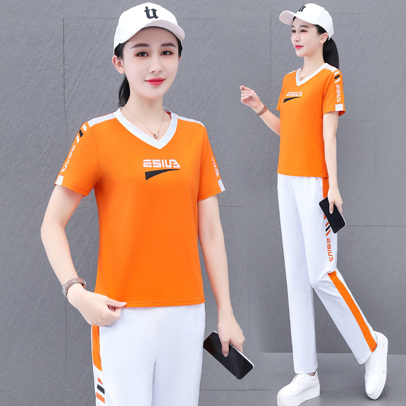 綿95 VネックTシャツカジュアルスポーツスーツレディース半袖夏新作スクエアダンス衣装ダンススタイル2点セット|undefined