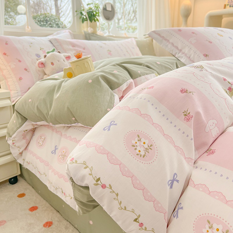 Juego de cuatro piezas de algodón fresco, juego de tres piezas de algodón, funda de edredón gruesa para el hogar, sábana de dormitorio, lijado, cama individual para estudiantes
