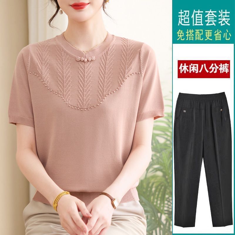 2026 New Style Summer Short-Sleeve T-Shirt for Mothers, 50-Year-Old Middle-Aged Women, Chinese Style Ice Silk Knit Top Set 2026 New Style Summer Short-Sleeve T-Shirt for Mothers, 50-Year-Old Middle-Aged Women, Chinese Style Ice Silk Knit Top Set