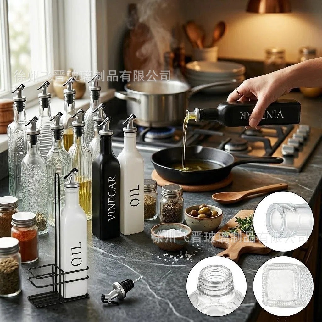 Aceitera Cuadrada de Vidrio en Relieve de 500 ml, Antigoteo para Cocina