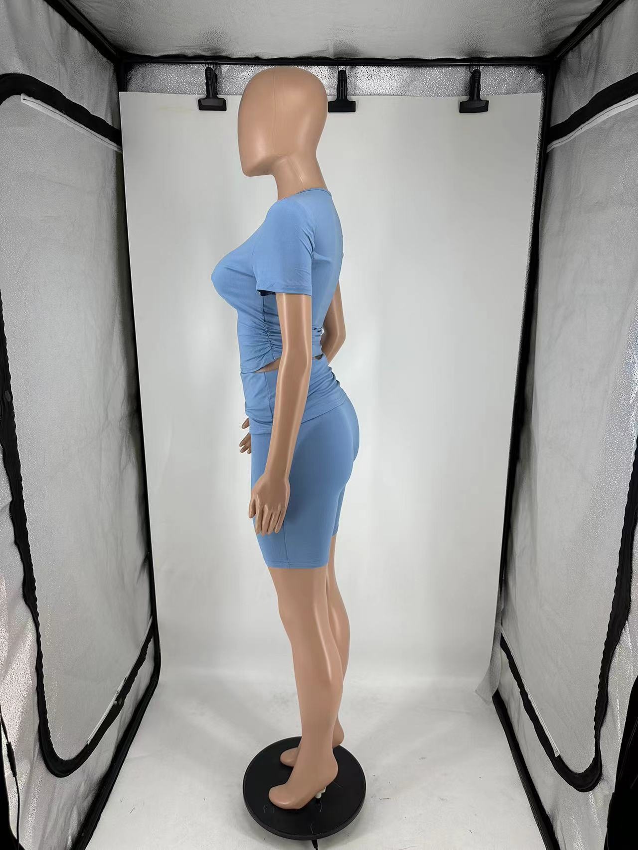 Women's Casual Short Sleeve Top + Roll-Up Shorts Set – Trendy Two-Piece Outfit (Black/Light Gray/Blue/Pink, S-Xl)_ecoleips.com